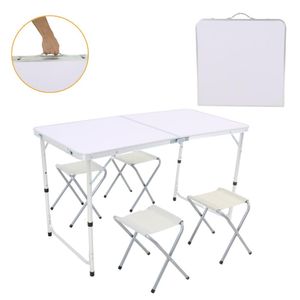 Kit Mesa Dobrável Portátil Que Vira Maleta de Alúminio 120X60cm com 4 Banquinhos Dobráveis Brancos