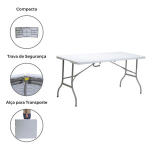 Mesa Portátil Dobrável Vira Maleta Com Alça Leve Praia Churrasco Camping 180x70cm Plástico Branco