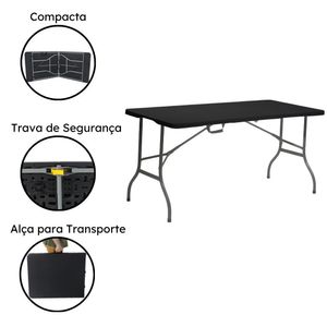 Mesa Portátil Dobrável Vira Maleta Com Alça Leve Praia Churrasco Camping 180x70cm Plástico Preto