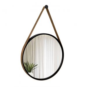 Espelho Decorativo Adnet Preto Alça Corino 50cm Redondo