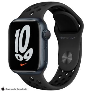 Apple Watch Nike Series 7 (GPS, 45mm) - Caixa de Alumínio Meia-Noite - Pulseira Esportiva Nike Cinza-Carvão/Preta