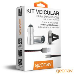 Kit Veicular para Android com Cabo Micro USB, Suporte Magnético e Carregador Veicular Prata e Cinza - Geonav - PMIC