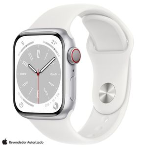 Apple Watch Series 8 (GPS+Cellular 41 mm) Caixa Prateada de Alumínio com Pulseira Esportiva Branca