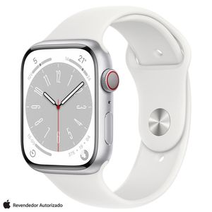 Apple Watch Series 8 (GPS+Cellular 45 mm) Caixa Prateada de Alumínio com Pulseira Esportiva Branca