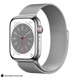 Apple Watch Series 8 (GPS + Cellular 45 mm) Caixa de Aço Inoxidável Prateada, Pulseira Estilo Milanês Prateada