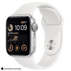 Apple Watch SE 2° geração (GPS 44 mm) Caixa prateada de alumínio, Pulseira esportiva Branca