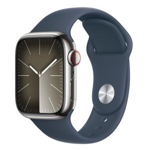 Apple Watch Series 9 (GPS + Cellular 41 mm) Caixa de Aço Inoxidável Prateada, Pulseira Esportiva Azul-tempestade –