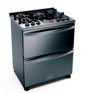 Fogão Brastemp 5 Bocas Duplo Forno Cor Inox com Mesa de Vidro e Touch Timer com Autodesligamento