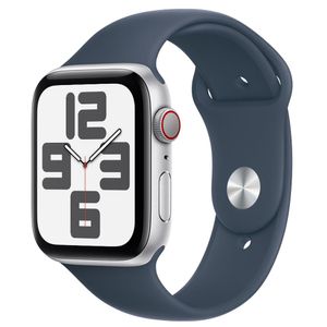 Apple Watch SE (GPS + Cellular 44 mm) Caixa de Alumínio Prateada, Pulseira Esportiva Azul-tempestade – M/G