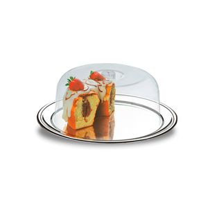 Conjunto para bolo vai a mesa com prato aço inox 32 cm de diâmetro e cupula transparente Petúnia Brinox